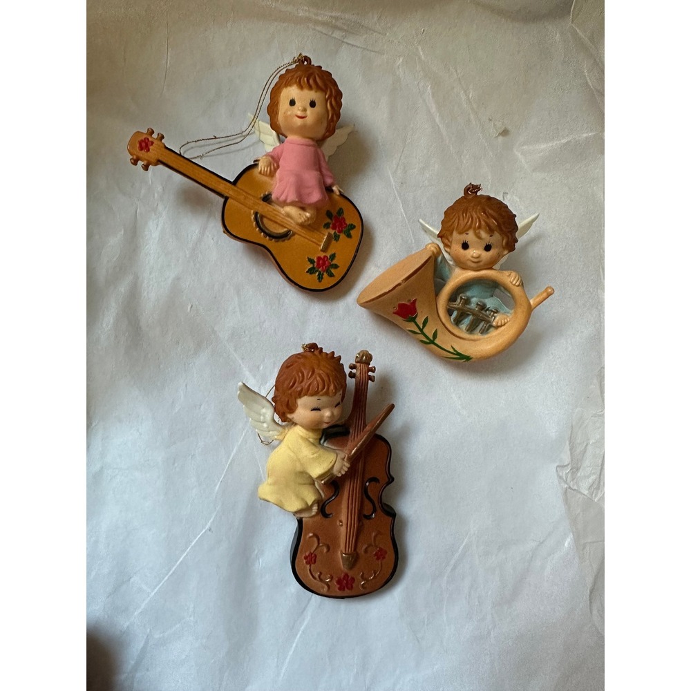 3 Vintage Christmas Ornament Angels W/ Musical Instruments Hong Kong